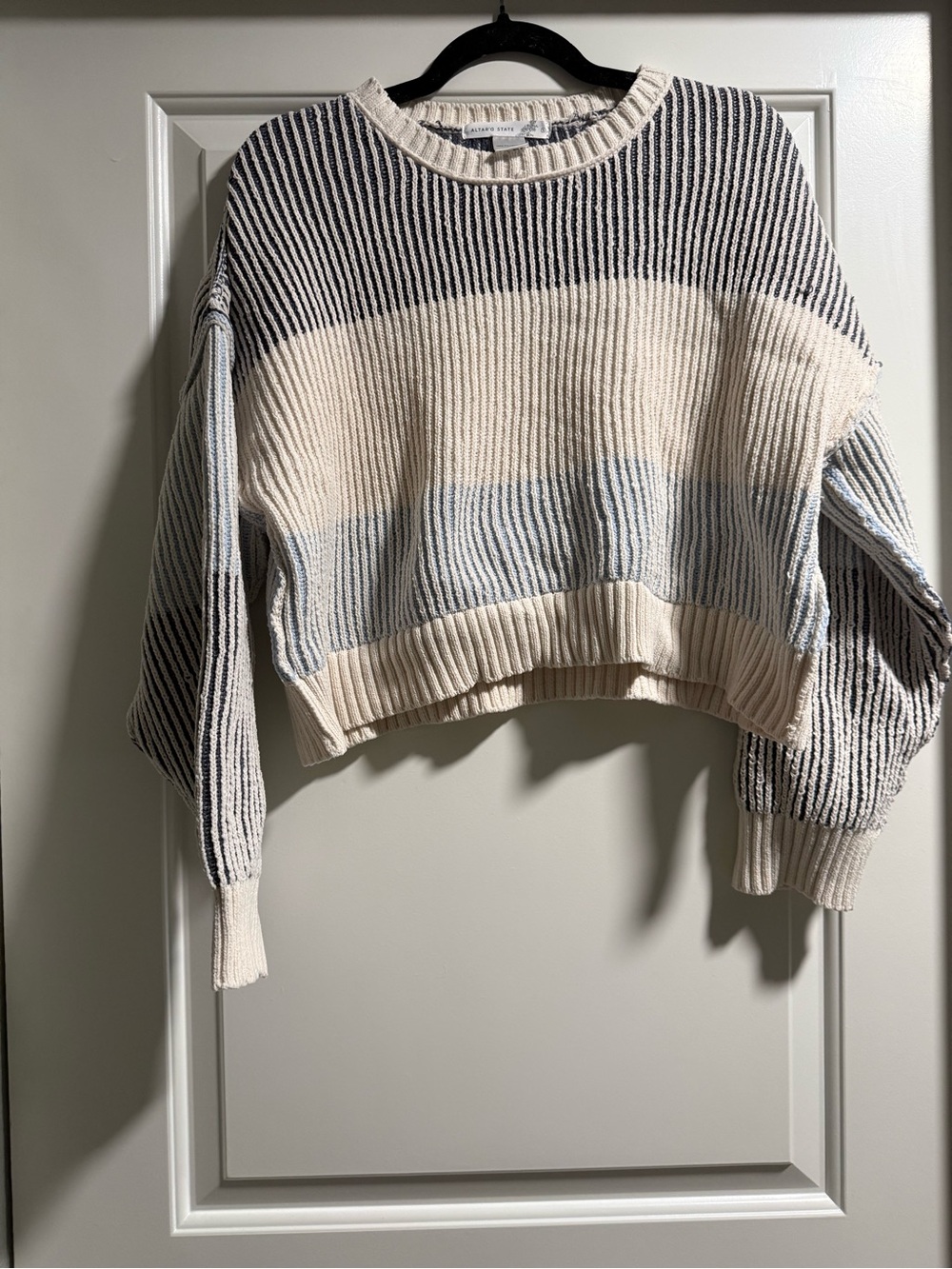Altar'd State Cream, Navy & Light Blue Striped Cropped Sweater